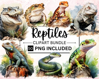 50 Watercolor Reptiles Clipart PNG Bundle, Chameleon, Lizard, Snake, Turtle, Tortoise, Iguana, Animal Illustration Personal & Commercial Use
