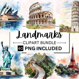 40 Watercolor Landmarks PNG Clipart Bundle, Popular Landmarks Clipart, Eiffel Tower, Taj Mahal, Statue of Liberty, Colosseum Illustrations
