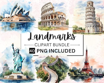 40 Watercolor Landmarks PNG Clipart Bundle, Popular Landmarks Clipart, Eiffel Tower, Taj Mahal, Statue of Liberty, Colosseum Illustrations