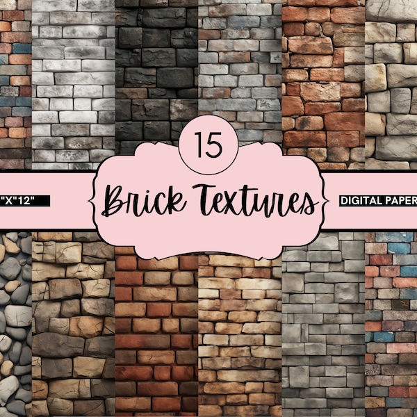 15 Brick Textures Digital Paper, Seamless Rustic Brick Wall Digital Paper, Grunge Stone Wall Backdrop, Commercial Use Brick Wall Patterns