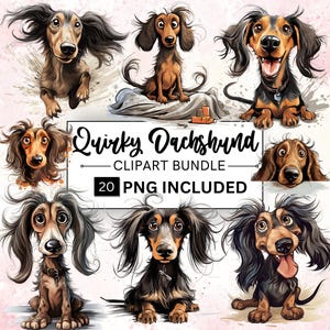 30 Watercolour Quirky Dachshund PNG Clipart, Cute And Funny Dog PNG, Whimsical Dogs Sublimation, Cute Puppy Graphics, Puppy Clipart, Dog PNG