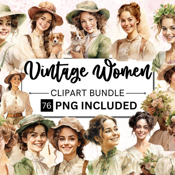 76 Watercolor Vintage Women Clipart, Vintage Lady PNG, Vintage Pet, Vintage Fashion, Scrapbook, Paper Crafts, PNG and SVG, Digital