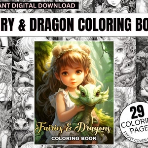 29 Fairies & Dragons Fantasy Coloring Book ,Adults Kids Coloring Pages, Grayscale Coloring Pages, Fantasy Coloring , Printable Coloring Book