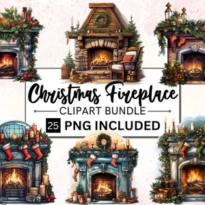 25 Aquarell Weihnachten Kamin Clipart Bundle, Weihnachtsdekoration Clipart, gemütliche Weihnachten Kamin Clipart, Winter Clipart PNG Set