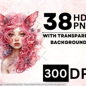 May include: Digital illustration of a woman with pink hair and butterfly wings. The background is a soft pink watercolor wash. The image is labeled "38 HD PNG with Transparent Background 300 DPI".