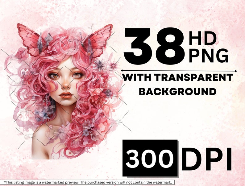 May include: Digital illustration of a woman with pink hair and butterfly wings. The background is a soft pink watercolor wash. The image is labeled "38 HD PNG with Transparent Background 300 DPI".