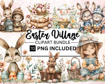 70 Rustic Easter Village Clipart PNG, Boho Easter PNG, Floral Easter Basket, Easter Scene, Spring Flower PNG, Nursery Decor,Digital Download