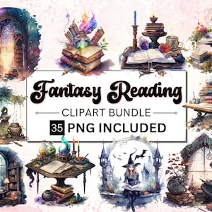 35 PNG Watercolour Fantasy Reading Clipart, Magical Books png bundle, Cozy, reading corner clipart, Fantasy Books Clip Art, Bookworm bundle