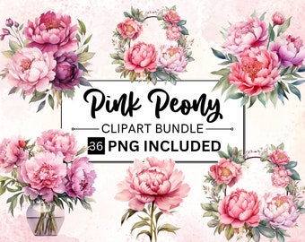 36 Watercolor Pink Peony Clipart, PNG instant digital download for commercial use personal projects, botanical peony flowers, floral peonies