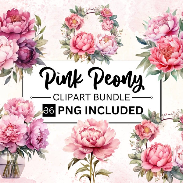 36 Watercolor Pink Peony Clipart, PNG instant digital download for commercial use personal projects, botanical peony flowers, floral peonies