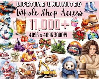 Puede incluir: Ilustración en acuarela con varias imágenes temáticas, incluyendo un coche, un balón de fútbol, una jarra de cerveza, donuts y un oso de peluche. El texto dice "LIFETIME UNLIMITED Whole Shop Access 11,000+ 4096 x 4096 300DPI".