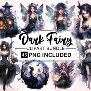 45 Dark Feen Aquarell Clipart Bundle, düstere Illustrationen, Gothic, Märchenbuch, Sofortiger digitaler Download, kommerzielle Nutzung