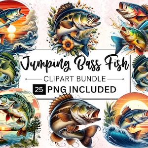 Lot de 25 cliparts aquarelle poisson achigan sautant, achigan PNG, poisson achigan drôle, clipart poisson, poisson PNG, poisson de pêche PNG, usage Commercial