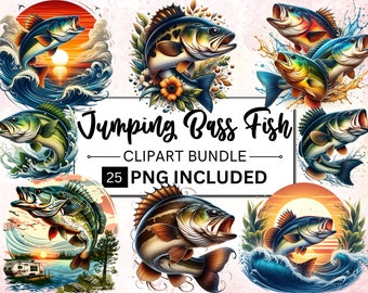 Paquete de 25 imágenes prediseñadas de peces lubina saltando en acuarela, imágenes prediseñadas de peces en formato PNG, peces lubina divertidos, imágenes PNG de peces de pesca, paquete de imágenes prediseñadas de peces, descarga digital.