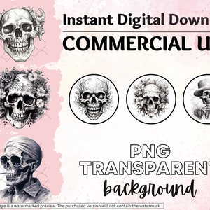 May include: Set of four digital illustrations featuring black and white skull designs. The skulls are depicted in various styles, including a skull with flowers, a skull with sunglasses, and a skull with a hat. The text "Instant Digital Download COMMERCIAL USE PNG TRANSPARENT background" is visible at the top and bottom of the image.