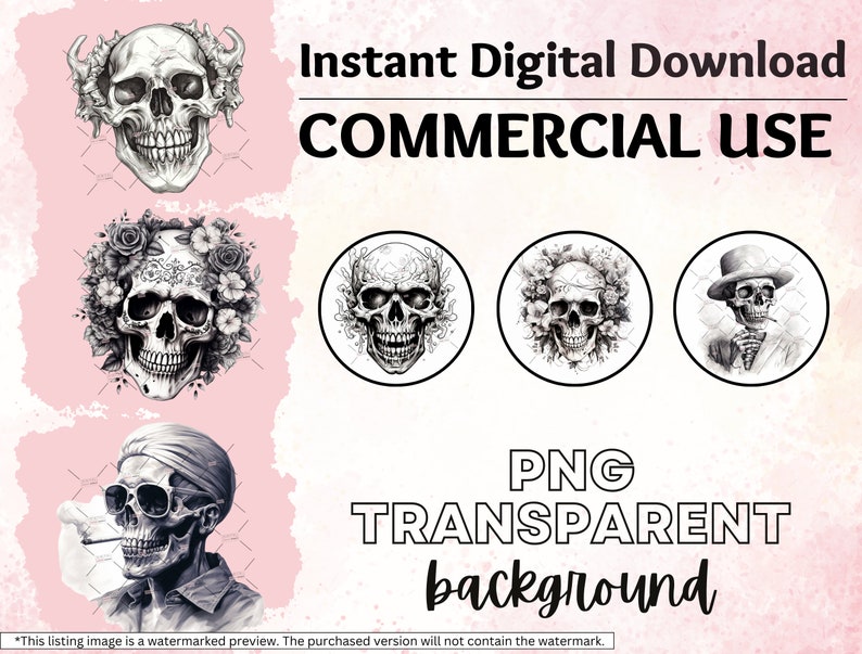 May include: Set of four digital illustrations featuring black and white skull designs. The skulls are depicted in various styles, including a skull with flowers, a skull with sunglasses, and a skull with a hat. The text "Instant Digital Download COMMERCIAL USE PNG TRANSPARENT background" is visible at the top and bottom of the image.