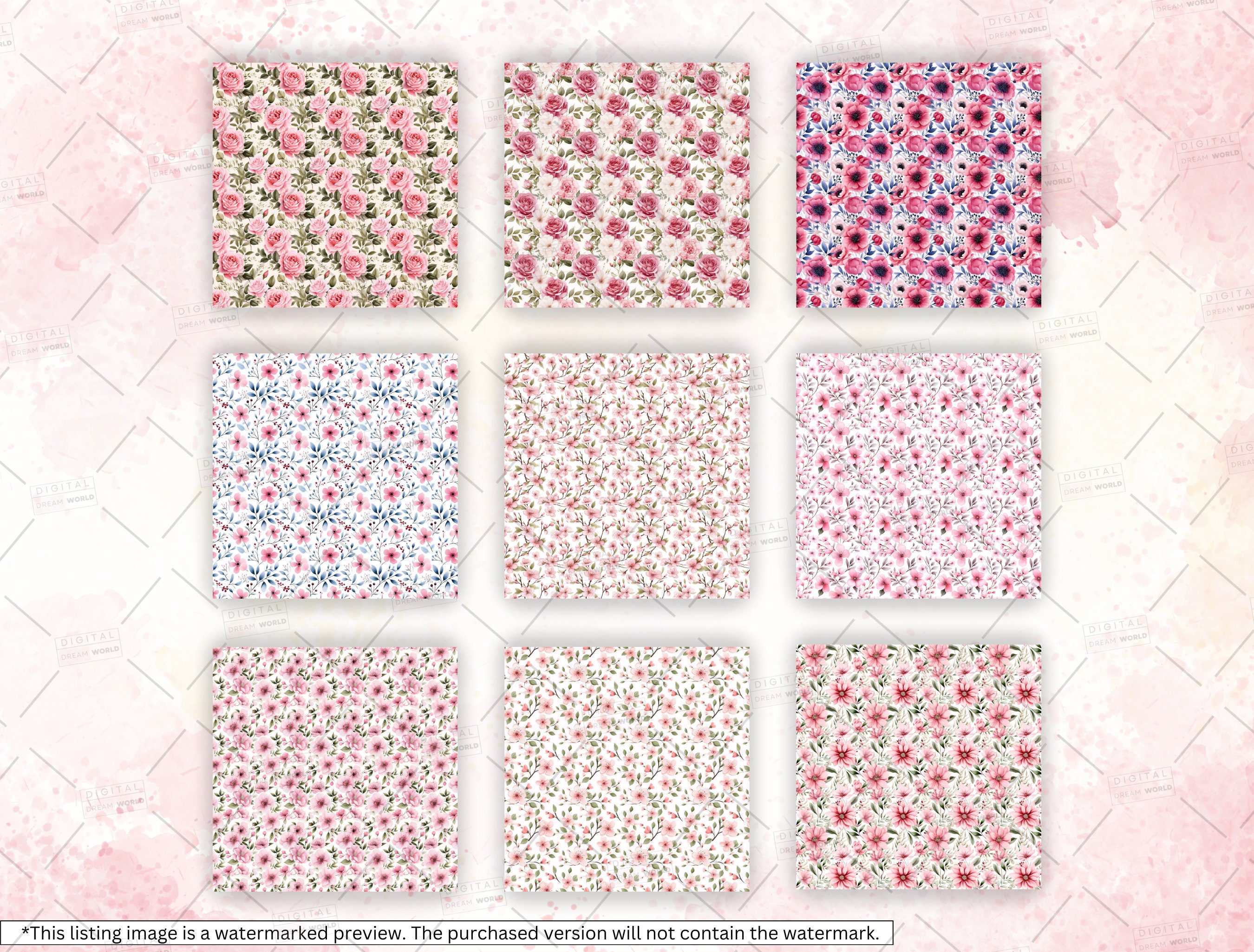 25 Watercolor Pink Floral Printable Seamless Digital Paper, Watercolor ...