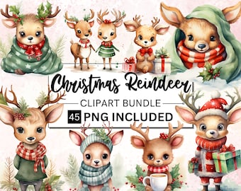 45 Christmas Cute Reindeer Clipart, Winter Holidays Baby Animals Clipart, Christmas Woodland Animal PNG, Watercolor Christmas Commercial Use