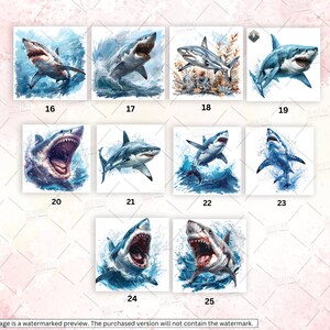 May include: A set of 10 watercolor illustrations of great white sharks in various poses. The sharks are depicted in shades of blue and gray, with white accents. The illustrations are set against a white background.