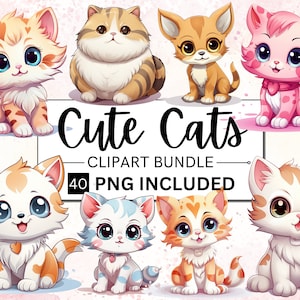 40 Aquarell Katzen Clipart Bundle, süße Katzen PNG, Katzenrassen Bundle, süße Katzenliebhaber Geschenk, Kartenherstellung, DIY Scrapbooking, kommerzielle Nutzung