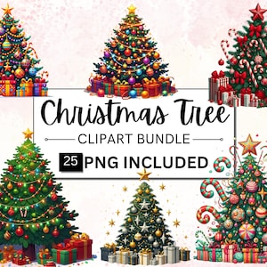 25 Pacote de clipart de árvore de Natal em aquarela, PNG de árvore de Natal decorada, gráfico de férias de inverno, criação de cartões, mídia mista, USO comercial