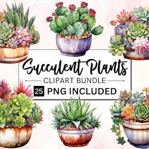 Paquete de 25 imágenes prediseñadas de suculentas en acuarela, imágenes prediseñadas de cactus, agave del desierto, imágenes prediseñadas de aloe, ilustración de cactus con vegetación, uso comercial