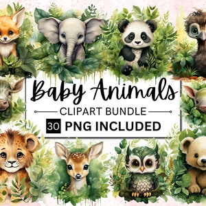30 bébés animaux mignons dans des cliparts de feuilles, aquarelle animaux de safari PNG, bébé animal Clipart décoration de chambre de bébé Shower de bébé anniversaire usage Commercial