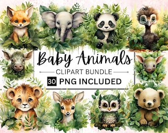 30 Cute Baby Animals in Leaves Clipart, Watercolor Safari Animals PNG, Baby Animal Clipart Nursery Decor Baby Shower Birthday Commercial Use