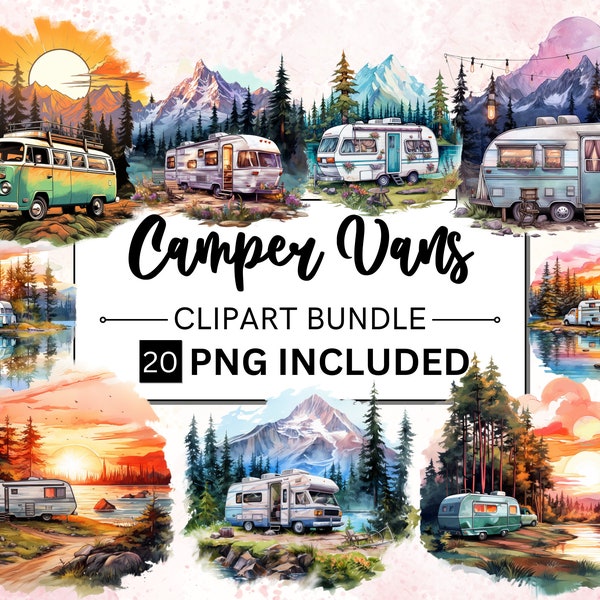 20 Watercolor Camper Vans Clipart, Adventure Van clipart, Magical Camping Van, Camper Scenes, Caravans png, Travel Bundle, Camping landscape