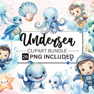 Paquete de 26 imágenes prediseñadas de acuarela submarina: decoración de guardería, arte de pared para bebés, lindos animales del océano PNG, baby shower, pulpo, medusa, ballena, caballito de mar