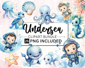 26 Unterwasser Aquarell Clipart Bundle - Kinderzimmer Dekor, Baby Wandkunst, Niedliche Ozean Tiere PNG, Baby Shower, Oktopus, Qualle Wal Seepferdchen