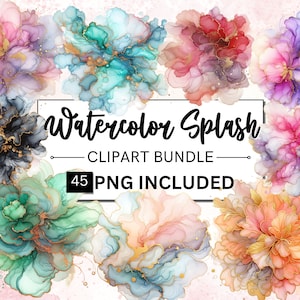 45 pastels Clipart aquarelle encre alcool, éclaboussures de peinture PNG abstrait Clipart, éclaboussures de couleur colorée, usage Commercial téléchargement immédiat