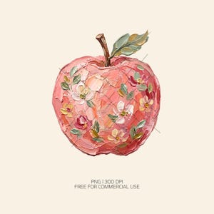 Peut inclure: Une illustration peinte à l'huile représentant une pomme rose avec des coups de pinceau épais et texturés, agrémentée de petites fleurs blanches, jaunes et vertes. Une tige brune et une feuille verte sont fixées au sommet du fruit.