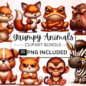 35 Funny Grumpy Animals Clipart, Grumpy Forest Safari Animals PNG, Cartoon Pet Prints Bundle, Instant Digital Download, Free Commercial Use