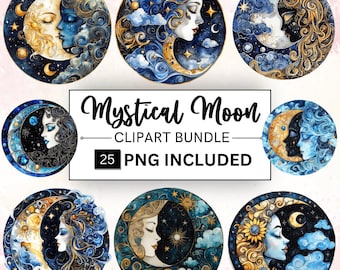 25 Mystical Moons Clipart Bundle, Celestial Enigmatic Moon PNG, Fantasy Enchanting Moon Art, Crescent Moons, Digital Download Commercial Use