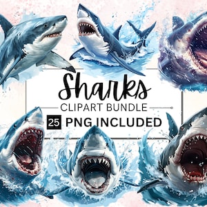 25 bundle di clipart di squali ad acquerello, creature marine PNG, arte subacquea, vita marina oceano pesce squalo, download immediato per uso commerciale