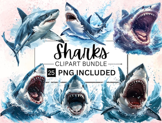 Watercolor Shark Clipart Bundle, Sea Life PNG (25 Images) (Digital Download)
