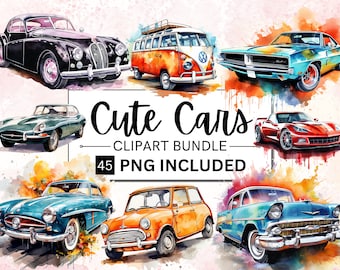 45 Watercolor Cute Vintage Cars Clipart, Nursery Watercolor Cars, Watercolor Boy Nursery, Vintage Cute Cars Watercolor, PNG Instant Download