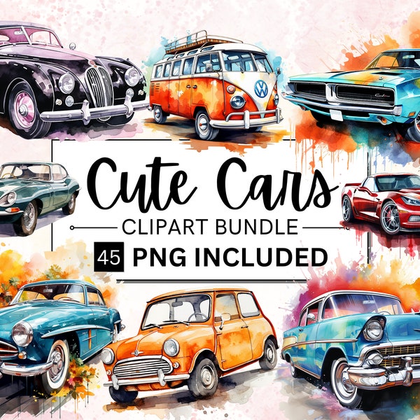 45 Watercolor Cute Vintage Cars Clipart, Nursery Watercolor Cars, Watercolor Boy Nursery, Vintage Cute Cars Watercolor, PNG Instant Download