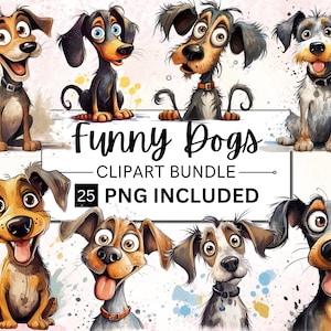 25 süße und lustige Hund Clipart Bundle, schrullige Welpen Aquarell, böser Hund, Cartoon-Tier, kommerzielle Nutzung | Digitaler Download | Junk Journal