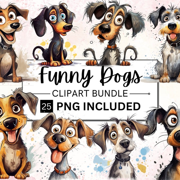 25 Cute And Funny Dog Clipart Bundle, Quirky Puppies Watercolor, Angry Dog, Cartoon Animal, Commercial Use | Digital Download | Junk Journal