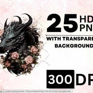 May include: A digital illustration of a black dragon's head with pink roses. The image is set against a pink watercolor background. The text "25 HD PNG WITH TRANSPARENT BACKGROUND 300 DPI" is displayed below the image.