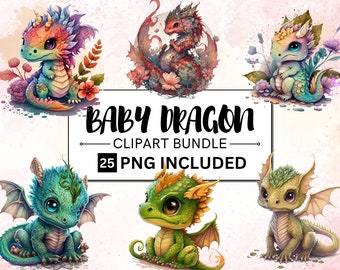 Könnte beinhalten: Ein digitales Clipart-Paket mit 25 PNG-Bildern von niedlichen Baby-Drachen in verschiedenen Posen und Farben. Der Text "BABY DRAGON CLIPART BUNDLE 25 PNG INCLUDED" wird auf einem weißen Banner angezeigt.