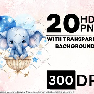 Watercolor Baby Elephant Clipart, Balloons, Nursery Art (PNG) - Etsy