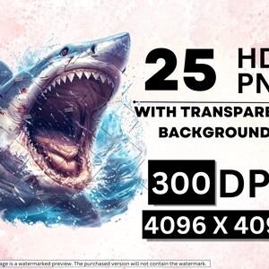 May include: A digital illustration of a great white shark with its mouth open, showing sharp teeth. The shark is surrounded by water and is set against a pink and white watercolor background. The image is labeled with the text "25 HD PNG WITH TRANSPARENT BACKGROUND 300 DPI 4096 X 4096".