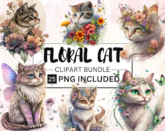 25 Watercolour Fantasy Kitten Clipart, Floral Cat Clipart, fantasy Cat Clip art, Fairytale Cat Clipart, cats with spring flowers, Cute Cat