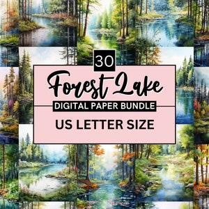 30 aquarel afdrukbaar bosmeer digitaal papier, bosmeer achtergrond, betoverde landschap achtergrond, zomer ongewenste dagboek, scrapbooking