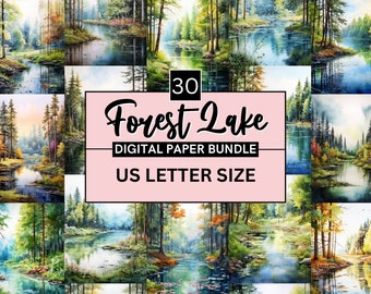 30 Watercolor Printable Forest Lake Digital Paper, Forest Lake Background, Enchanted Landscape Backdrop, Summer Junk Journal, Scrapbooking