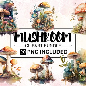 20 cliparts aquarelle de champignons, lot de champignons mystiques magiques, sublimation de champignons, clipart champignons fantastiques forêt, champignons vénéneux