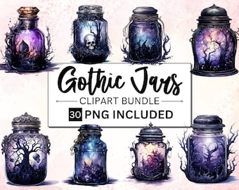 30 PNG Watercolour Gothic Jars Clipart, Magical Mystery Mason Jars Clip Art png bundle, Dark Fantasy Witchy Clipart, Scrapbook, Junk Journal